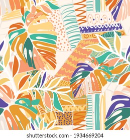 Tropical pattern design with flat monstera leaves in multicolored hand drawn and fun mosaic background