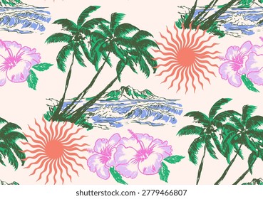 Tropical Pattern Design. Summer Prints. seamless vector. hand draw beach graphics.  Flowers Print pattern. Palm tree Seamless Pattern.