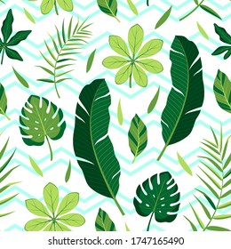 Tropical pattern with different leaves. Vector illustration of summer with blue zigzag lines on white background. Seamless exotic wallpaper. For web design, banners, printing on fabric, wrapping.