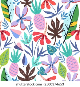 Tropical pattern with doodle floral and fruit elements. Vector illustration.