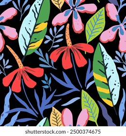 Tropical pattern with doodle floral and fruit elements. Vector illustration.