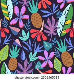 Patrón tropical con Elementos florales y frutales doodle. Ilustración vectorial.
