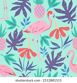 Tropical pattern with doodle flowers, fruits and flamingo. Vector illustration.