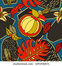 Tropical pattern in doodle style with fruits and leaves. Geometric pattern design.