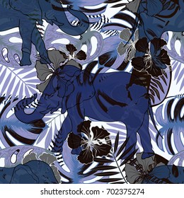 Tropical pattern with elephant and palm leaves. Blue african background.