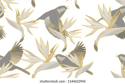 Tropical pattern of exotic bird and bird of paradise flowers. Golden outline. Vintage vector botanical illustration. Seamless background, texture, wrapper pattern, frame or border. Digital nature art.