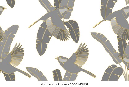 Tropical pattern of exotic birds and big palm leaves. Golden outline. Vintage vector botanical illustration. Seamless background, texture, wrapper pattern, frame or border. Digital nature art.