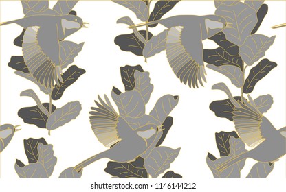 Tropical pattern of exotic birds and ficus palm leaves. Golden outline. Vintage vector botanical illustration. Seamless background, texture, wrapper pattern, frame or border. Digital nature art.