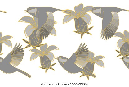 Tropical pattern of exotic birds and hawaiian flowers. Golden outline. Vintage vector botanical illustration. Seamless background, texture, wrapper pattern, frame or border. Digital nature art.