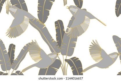 Tropical pattern of exotic birds and palm leaves. Golden outline. Vintage vector botanical illustration. Seamless background, texture, wrapper pattern, frame or border. Digital nature art.