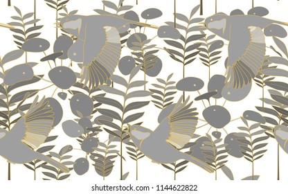 Tropical pattern of exotic birds and timeric and palm leaves. Golden outline. Vintage vector botanical illustration. Seamless background, texture, wrapper pattern, frame or border. Digital nature art.