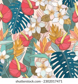 Tropical pattern with exotic flowers and leaves