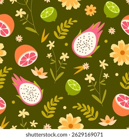 Tropical pattern with exotic fruits, flowers, leaves on an olive background. Suitable for decorating textiles, eco-bags, notebooks, book covers, cosmetics packaging, bedding, and kitchen towels.