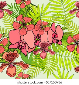 Tropical pattern. Exotic jungle floral seamless background. Orchid flower, hibiscus and palm leaves. Pink and green.