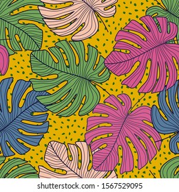Tropical pattern with exotic monstera leaves seamless on dots background. Abstract leaf and geometric shapes wallpaper.  