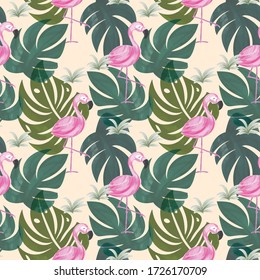 Tropical pattern with exotic nature and flamingo bird