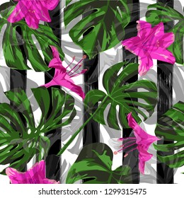 Tropical Pattern. Exotic Palm Greenery Backdrop. Summer Design for Swimwear. Repeat Illustration. Tropical Pattern with Monstera Leaves.