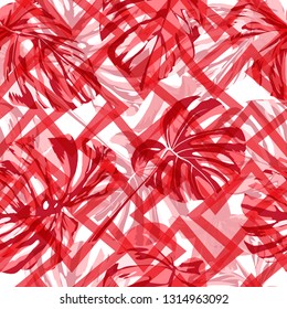 Tropical Pattern. Exotic Palm Greenery Backdrop. Summer Design for Swimwear. Repeatable Illustration. Tropical Pattern with Monstera Leaves.