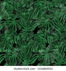 Tropical Pattern. Exotic Palm Greenery Backdrop. Repeat Illustration. Summer Design for Swimwear. Tropical Pattern with Monstera Leaves.