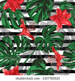 Tropical Pattern. Exotic Palm Greenery Backdrop. Repeatable Illustration. Summer Design for Swimwear. Tropical Pattern with Monstera Leaves.