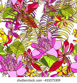 Tropical pattern exotic plants background. Hand drawn vector leaves and vector tropical flowers seamless pattern. Ginger, frangipani, plumeria flowers and palm leaves.