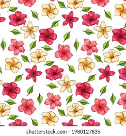 Patrón tropical con plantas exóticas, flores y hojas al estilo de las caricaturas. Impresión de verano brillante para diseño y fondo.