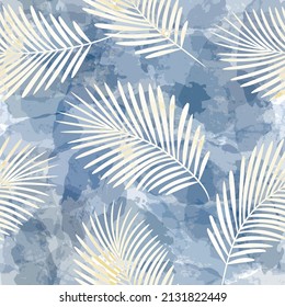 Tropical pattern, Exotic print, blue watercolor palm leaves seamless vector background. Leaves of palm tree, girly jungle print on brush stains
