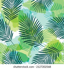 Tropical pattern, Exotic print, green watercolor palm leaves seamless vector background. Leaves of palm tree, girly jungle print on brush stains