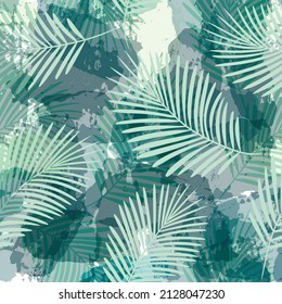 Tropical pattern, Exotic print, green watercolor palm leaves seamless vector background. Leaves of palm tree, girly jungle print on brush stains