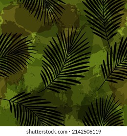 Tropical pattern, Exotic print, green watercolor palm leaves seamless vector background. Leaves of palm tree, girly jungle print on brush stains