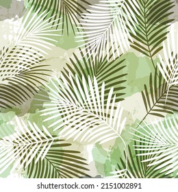 Patrón tropical, Impresión exótica, hojas de palma de color agua verde sin costuras de fondo vectorial. Hojas de palmera, letra de jungla giratoria sobre manchas de cepillo