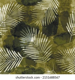 Tropical pattern, Exotic print, green watercolor palm leaves seamless vector background. Leaves of palm tree, girly jungle print on brush stains