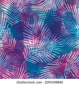 Tropical pattern, Exotic print, pink watercolor palm leaves seamless vector background.  Leaves of palm tree, girly jungle print on brush stains