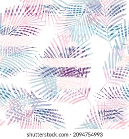 Tropical pattern, Exotic print, pink watercolor palm leaves seamless vector background.  Leaves of palm tree, girly jungle print on brush stains