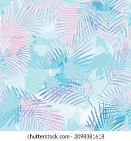 Tropical pattern, Exotic print, pink watercolor palm leaves seamless vector background.  Leaves of palm tree, girly jungle print on brush stains