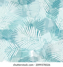 Tropical pattern, Exotic print, pink watercolor palm leaves seamless vector background.  Leaves of palm tree, girly jungle print on brush stains