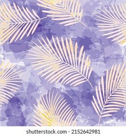 Tropical pattern, Exotic print, pink watercolor palm leaves seamless vector background. Leaves of palm tree, girly jungle print on brush stains