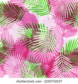 Tropical pattern, Exotic print, pink watercolor palm leaves, seamless vector background. Leaves of palm tree, jungle print on brush stains