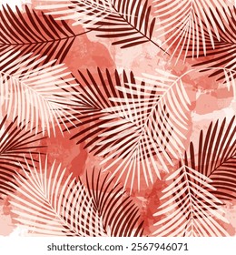 Tropical pattern, Exotic print, pink watercolor palm leaves, seamless vector background. Leaves of palm tree, jungle print on brush stains