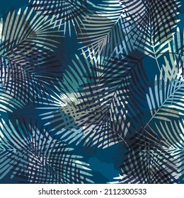 Tropical pattern, Exotic print, watercolor palm leaves seamless vector background. Leaves of palm tree jungle print on brush stains

