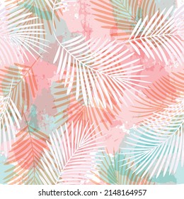 Tropical pattern, Exotic print, watercolor palm leaves seamless vector background. Leaves of palm tree, girly jungle print on brush stains