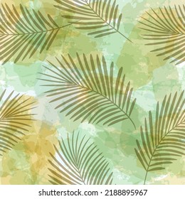 Tropical pattern, Exotic print, watercolor palm leaves, seamless vector background. Leaves of palm tree, jungle print on brush stains