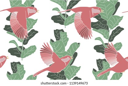 Tropical pattern of ficus leaves with exotic red birds. Vintage vector botanical illustration. Seamless background, texture, wrapper pattern, frame or border. Digital nature art.