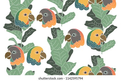 Tropical pattern of ficus leaves with exotic parrots. Vintage vector botanical illustration. Seamless background, texture, wrapper pattern, frame or border. Digital nature art.