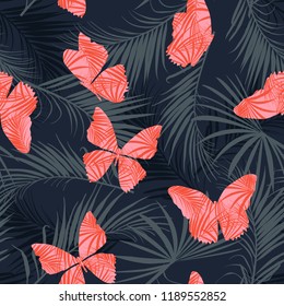Tropical pattern fill-in pink butterfly flying on the exotic forest seamless pattern vector design for fashion, fabric, wallpaper, and all prints on navy blue background color