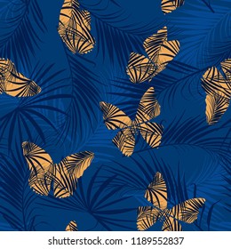 Tropical pattern fill-in yellow butterfly flying on the exotic forest seamless pattern vector design for fashion, fabric, wallpaper, and all prints on dark blue background color