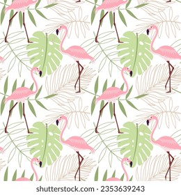 Tropical pattern with flamingos. Flat style. Vector illustration 