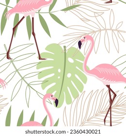 Tropical pattern with flamingos. Flat style. Vector illustration 