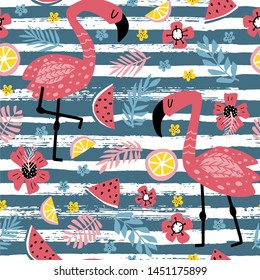 Tropical pattern with flamingos and fruits