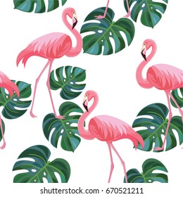 Tropical pattern with flamingos and leaves. Vector seamless texture.